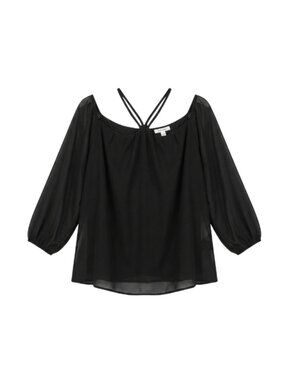 NWT | Black Sheer Sleeve Top | Cross Strap Detail | Chiffon Sleeve | Medium
